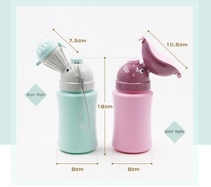 Detailed size comparison of pink and blue portable toddler urinals with leak-proof lids