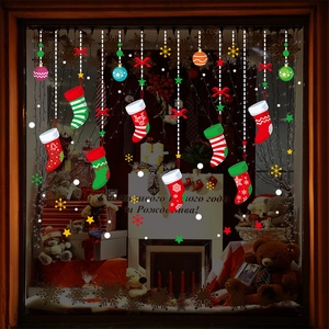 Sticker Mural en PVC Chaussette de Noël Dessin Animé Cadeaux de Noël Fenêtre Porte en Verre Décoration Nouvel An
