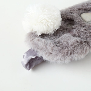 Cute gray koala plush sleep mask with soft white pom-poms and purple satin ties for eyes