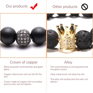 Detail comparing high-quality copper crown bead with zircon against low-grade alloy parts