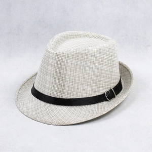 Detail view of woven linen fedora hat featuring black leather band and silver buckle