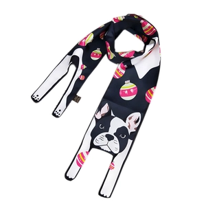 Cartoon French Bulldog skinny scarf with Christmas ball print in black and white finish