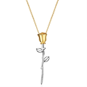 Elegant two-tone rose flower pendant necklace with gold petals and silver stem on fine chain