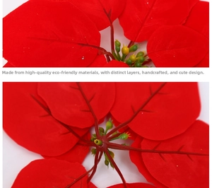 Detailed macro view of artificial red poinsettia petals with realistic vein textures