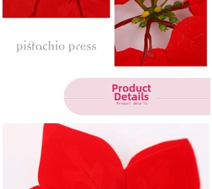 Detailed view of red velvet artificial poinsettia petals with yellow stamen accents