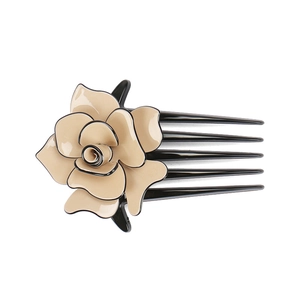 Elegant beige acrylic flower hair comb with five black teeth for women styling