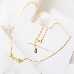 Elegant gold fishbone pendant necklace with sparkling zircons and S925 silver chain