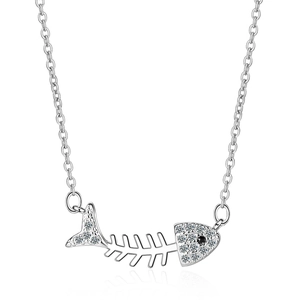 Elegant silver fishbone pendant necklace with sparkling zircons and a black gem fish eye