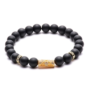 Beaded Bracelet Matte Black Stone Copper Tube Micro Inlaid White Cubic Zirconia Exotic Vintage Unisex Handmade Jewelry