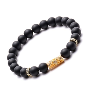 Men's matte black stone beaded bracelet with gold-plated micro-pave zircon metal tube