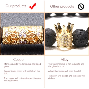 Detail comparing high-quality copper zircon tube bead versus ordinary alloy crown bead