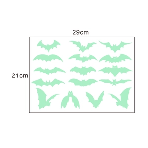 Luminous Halloween wall stickers featuring glowing green bats, size 29cm by 21cm