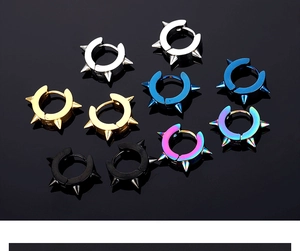 Top view of spike punk hoop earrings in silver, gold, blue, black, and rainbow colors