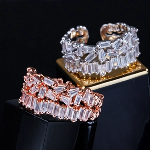 Elegant adjustable open ring with rows of AAA square cubic zirconia in silver and rose gold
