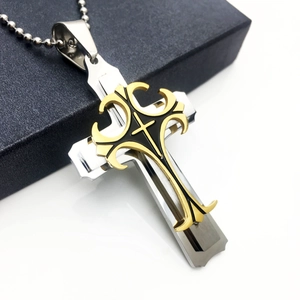 Triple Layer Cross Pendant Necklace Stainless Steel Men Titanium Steel Jewelry Ball Chain Religious Fashion