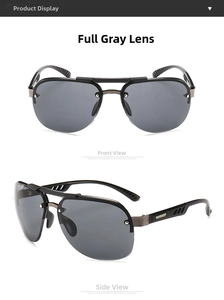 Front and side views of metal aviator sunglasses with solid grey lenses for men