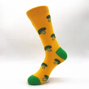 Vibrant yellow crew socks with green accents and fun broccoli patterns for men and women