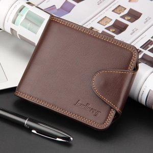 Deep brown Baellerry bifold leather wallet with contrast stitching and snap closure