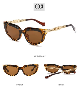 Cat eye sunglasses detail with golden metal chain temples and tortoiseshell frames