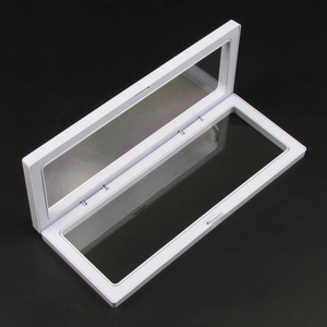Detail of white rectangular PE film floating frame display box with 180 degree opening