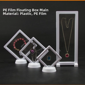 Multiple sizes of PE film suspension boxes for jewelry display with matching white bases