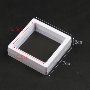 Detailed 7x7cm white floating jewelry box display with PE film dimensions and inner window size