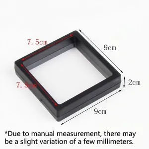 Detail view of 9x9cm black PE film suspension display box with dimensions shown