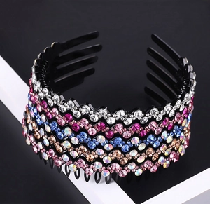 Close-up of sparkling multi-colored rhinestones and anti-slip teeth on wavy headband