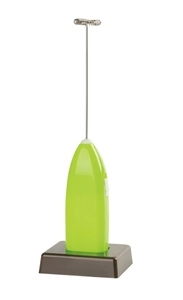 Detail of handheld electric milk frother in green with metal whisk and brown stand