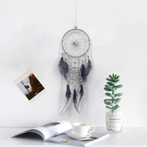 Minimalist grey double ring dream catcher wall hanging with feathers for home decor