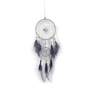 Grey two-ring dreamcatcher wall hanging with silver beads and natural soft feathers