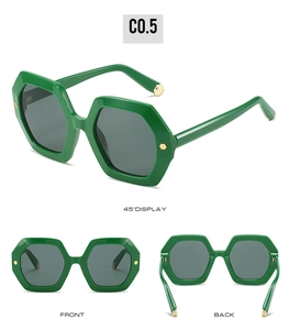 Detailed multi-angle view of green hexagonal sunglasses with golden metal stud accents