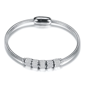 Silver 3mm snake chain bracelet with five micro-set rhinestones and magnetic clasp