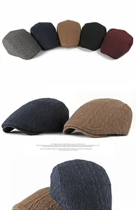 Macro shot of cable knit texture and various color options for winter beret caps