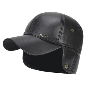 Black leather baseball hat with ear flaps and sports metal badge for winter warmth