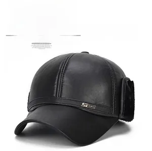Detail of winter baseball cap showing foldable faux fur earflaps and metal SPORTS tag