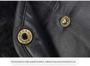 Close-up of litchi grain leather baseball cap with warm plush lining and brass snap button