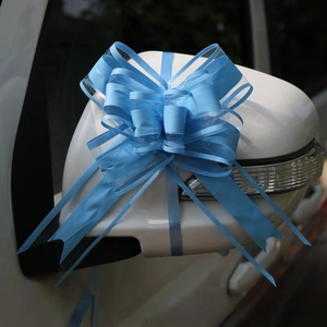 Dettaglio di un grande fiocco in tulle azzurro sul retrovisore di un'automobile