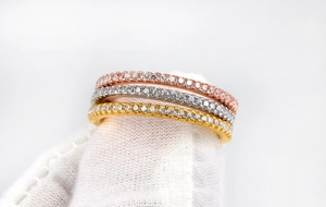Close-up of eternity ring set in gold, rose gold and silver colors with pavé crystals