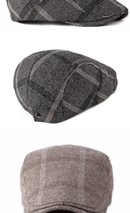 Détail de casquette plate en laine avec motif à chevrons et boucle latérale en métal