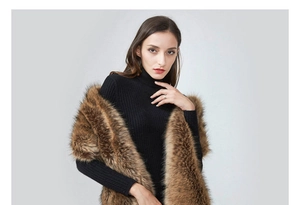 Detail showing high-quality brown faux fox fur texture on an elegant shawl collar scarf