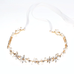 Elegant gold bridal headband with rhinestones, pearls and adjustable white ribbon tie