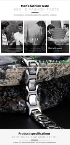 Macro detail of men's tungsten steel geometric bracelet with polished silver finish