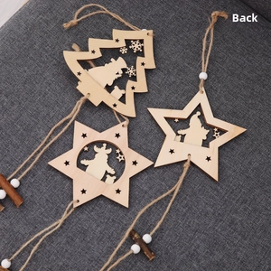 Rear view of natural wood Christmas ornaments with laser-cut star and tree shapes