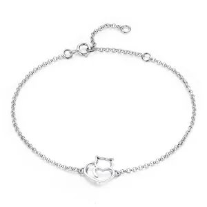 Bracciale minimalista in argento sterling S925 con ciondolo a forma di gatto carino su catena O