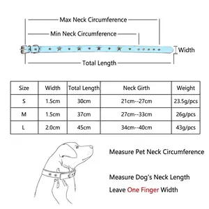 Light blue leather dog collar size guide with metal star studs and measurement table