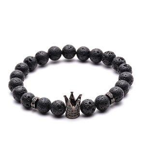 8mm black lava stone bead bracelet with micro-pave copper crown charm for men and women