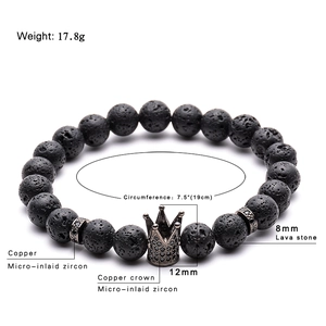 8mm lava rock stone bracelet for men with micro-paved copper crown and white zircon