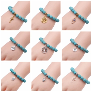 Turquoise Beaded Bracelet Alloy Cross Tree Of Life Pendant Elastic Bohemian Religious Jewelry For Men Women