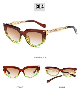 Cat eye sunglasses with gradient lenses and intricate gold metal chain temples shown from 3 angles